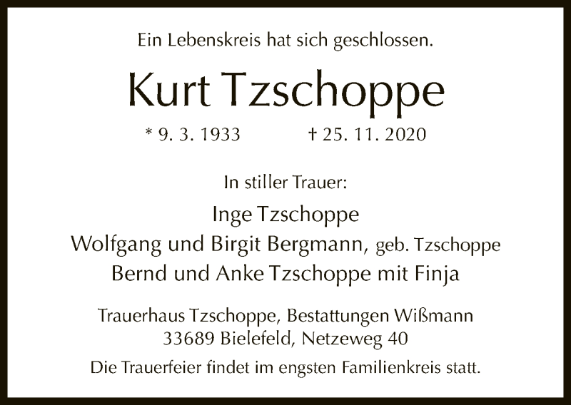  Traueranzeige für Kurt Tzschoppe vom 28.11.2020 aus Neue Westfälische