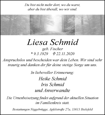 Traueranzeige von Liesa Schmid von Neue Westfälische