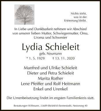 Traueranzeige von Lydia Schieleit von Neue Westfälische