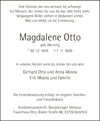 Traueranzeige von Magdalene Otto von Neue Westfälische