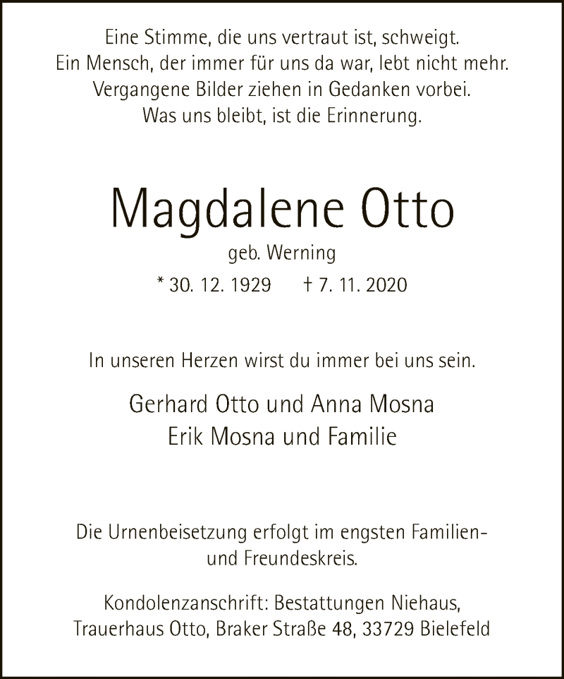  Traueranzeige für Magdalene Otto vom 21.11.2020 aus Neue Westfälische