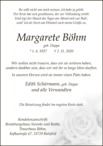 Traueranzeige von Margarete Böhm von Neue Westfälische