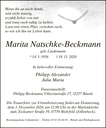 Traueranzeige von Marita Natschke-Beckmann von Neue Westfälische