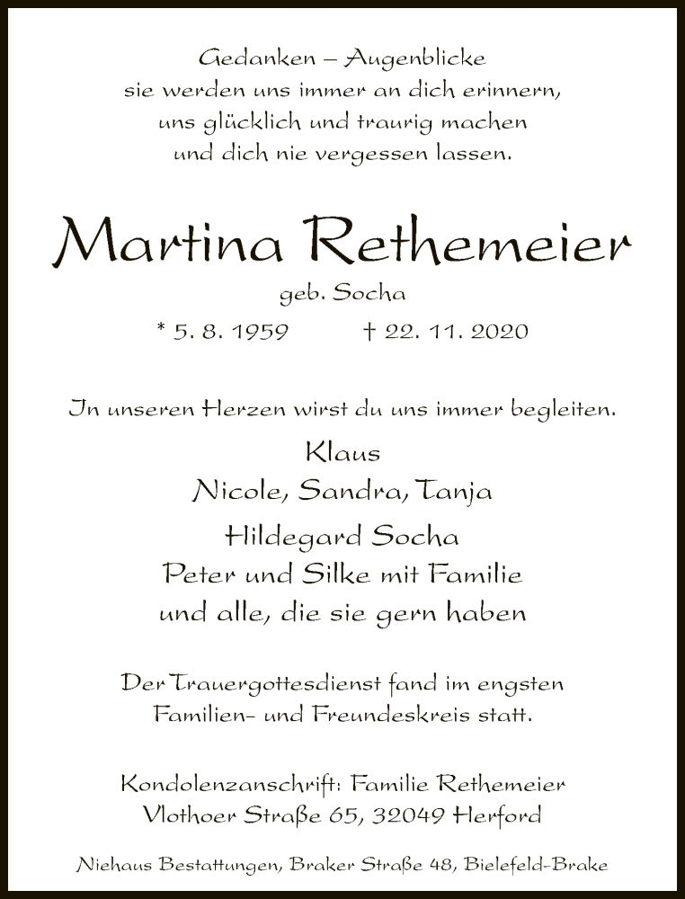  Traueranzeige für Martina Rethemeier vom 28.11.2020 aus Neue Westfälische