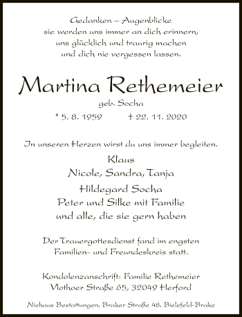Traueranzeige von Martina Rethemeier von Neue Westfälische