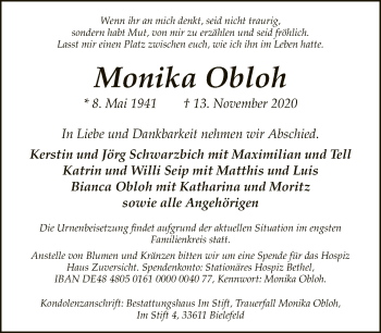 Traueranzeige von Monika Obloh von Neue Westfälische