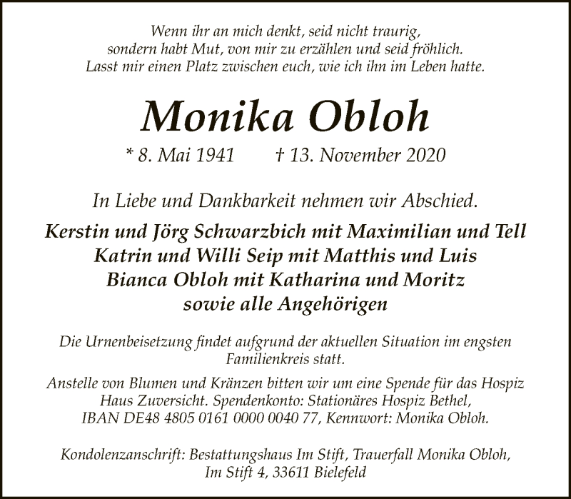  Traueranzeige für Monika Obloh vom 21.11.2020 aus Neue Westfälische