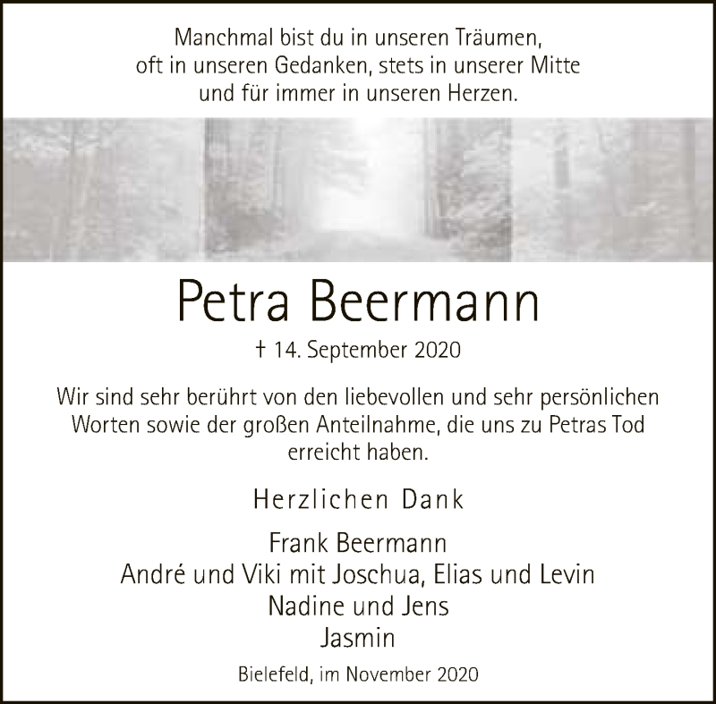  Traueranzeige für Petra Beermann vom 07.11.2020 aus Neue Westfälische