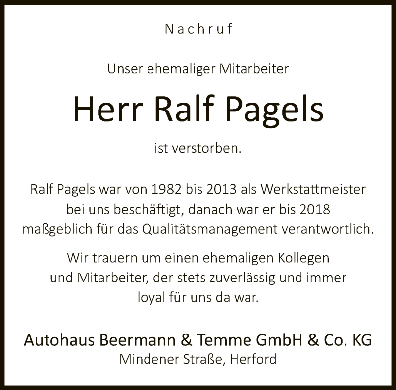  Traueranzeige für Ralf Pagels vom 21.11.2020 aus Neue Westfälische
