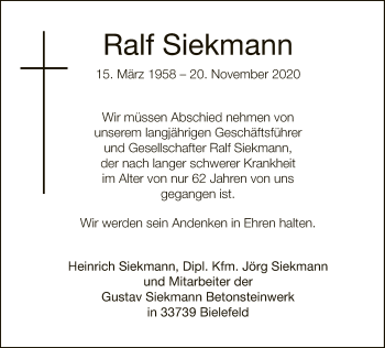 Traueranzeige von Ralf Siekmann von Neue Westfälische