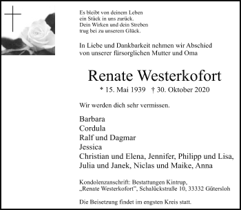 Traueranzeige von Renate Westerkofort von Neue Westfälische