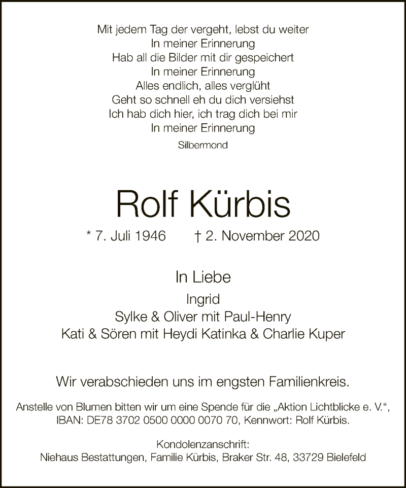  Traueranzeige für Rolf Kürbis vom 07.11.2020 aus Neue Westfälische