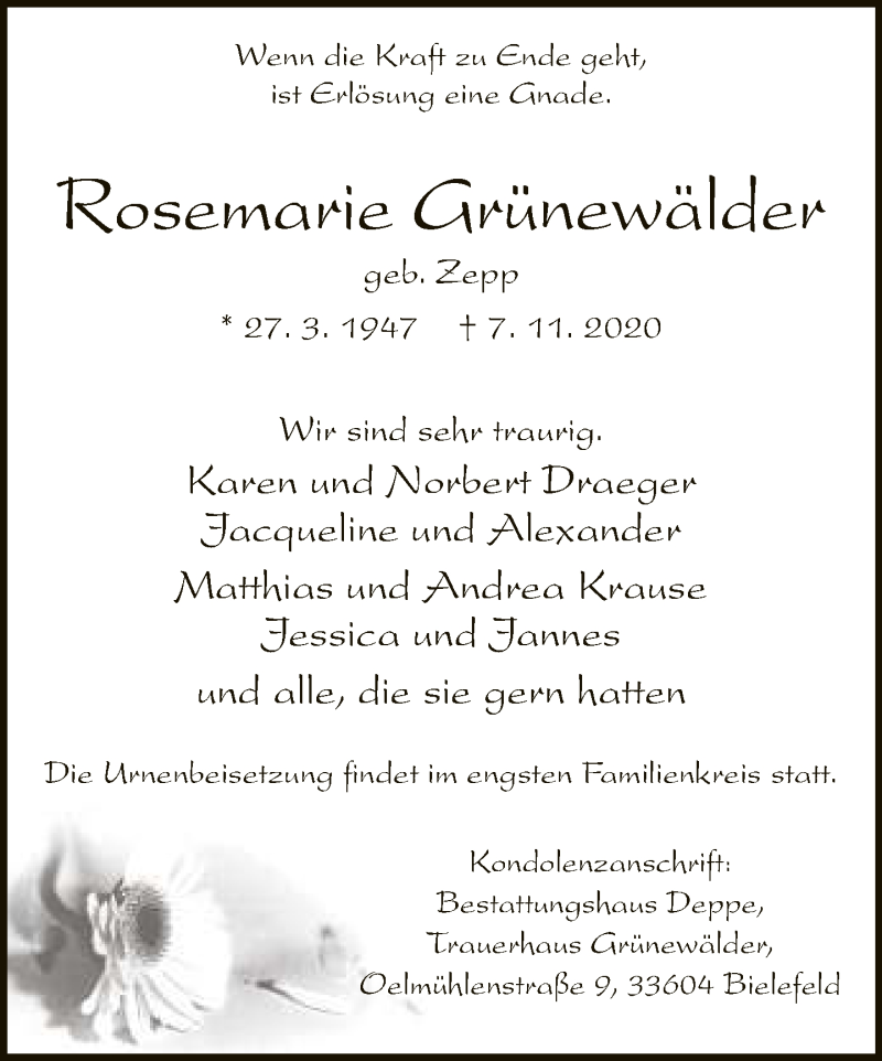  Traueranzeige für Rosemarie Grünewälder vom 14.11.2020 aus Neue Westfälische
