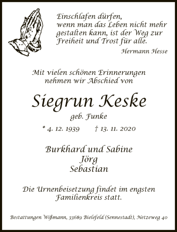 Traueranzeige von Siegrun Keske von Neue Westfälische