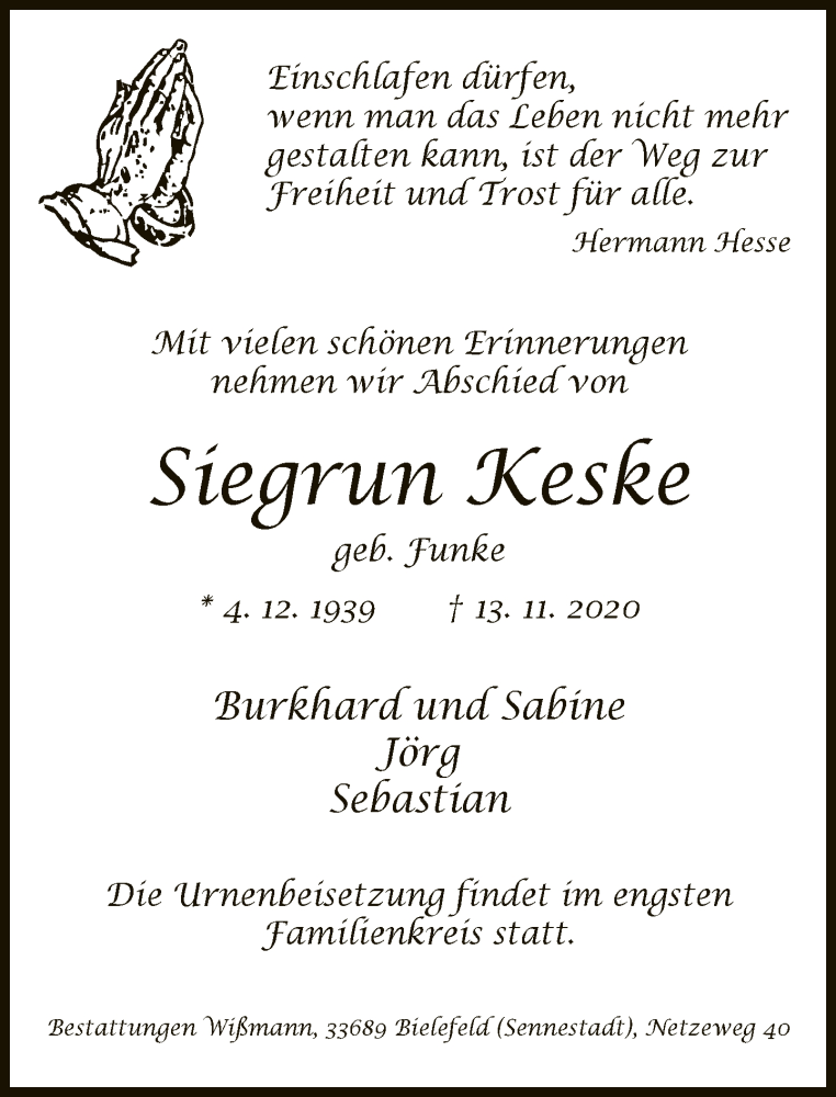  Traueranzeige für Siegrun Keske vom 21.11.2020 aus Neue Westfälische