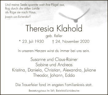 Traueranzeige von Theresia Klahold von Neue Westfälische