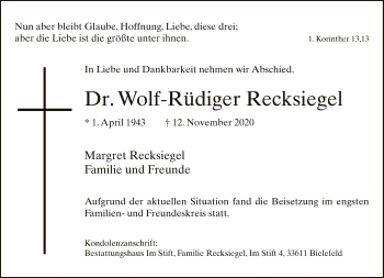 Traueranzeige von Wolf-Rüdiger Recksiegel von Neue Westfälische