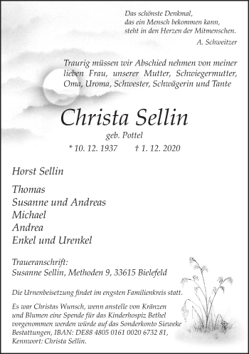 Traueranzeige von Christa Sellin von Neue Westfälische