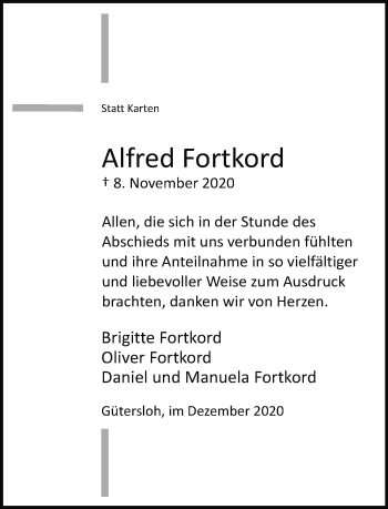 Traueranzeige von Alfred Fortkord von Neue Westfälische
