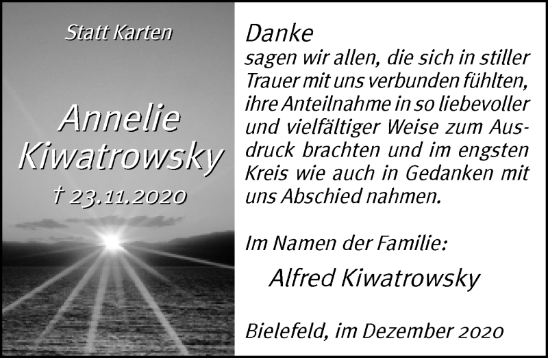  Traueranzeige für Annelie Kiwatrowsky vom 30.12.2020 aus Neue Westfälische