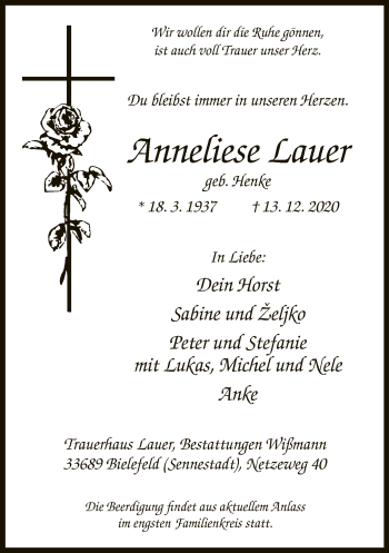 Traueranzeige von Anneliese Lauer von Neue Westfälische