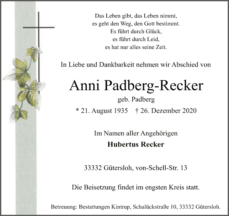  Traueranzeige für Anni Padberg-Recker vom 29.12.2020 aus Neue Westfälische