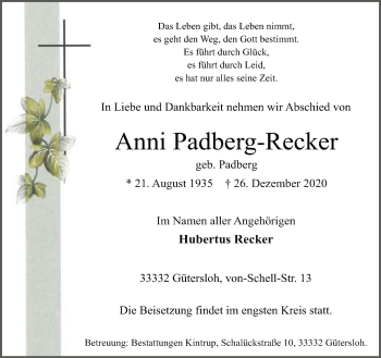 Traueranzeige von Anni Padberg-Recker von Neue Westfälische