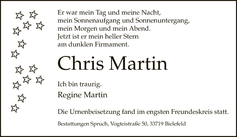  Traueranzeige für Chris Martin vom 05.12.2020 aus Neue Westfälische