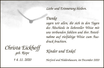 Traueranzeige von Christa Eickhoff von Neue Westfälische