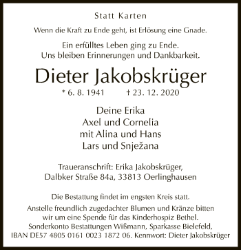 Traueranzeige von Dieter Jakobskrüger von Neue Westfälische