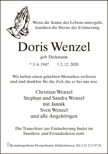Traueranzeige von Doris Wenzel von Neue Westfälische