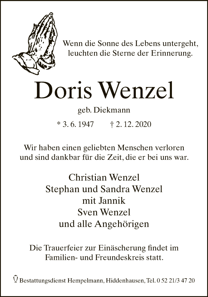  Traueranzeige für Doris Wenzel vom 05.12.2020 aus Neue Westfälische
