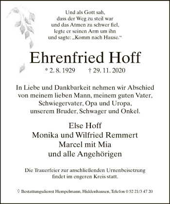 Traueranzeige von Ehrenfried Hoff von Neue Westfälische
