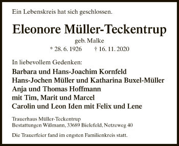 Traueranzeige von Eleonore Müller-Teckentrup von Neue Westfälische