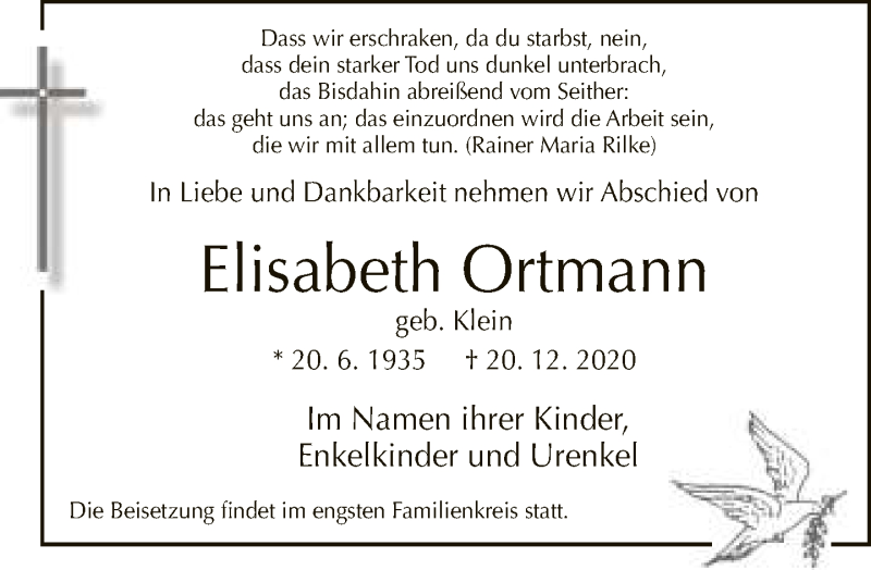  Traueranzeige für Elisabeth Ortmann vom 28.12.2020 aus Neue Westfälische