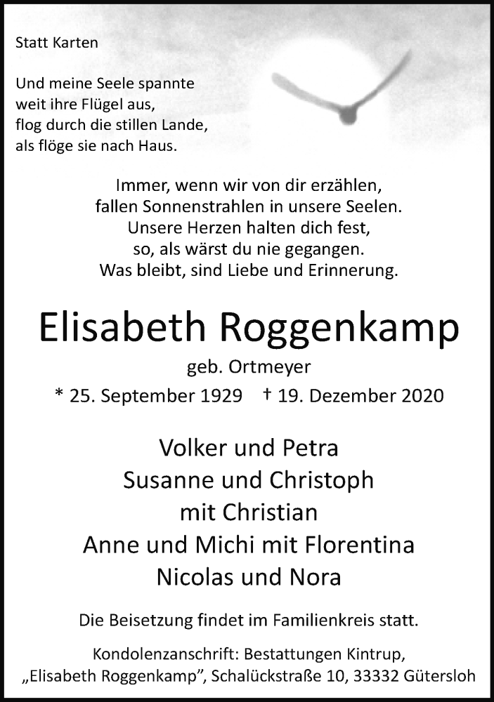  Traueranzeige für Elisabeth Roggenkamp vom 22.12.2020 aus Neue Westfälische