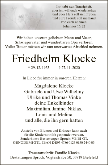 Traueranzeige von Friedhelm Klocke von Neue Westfälische