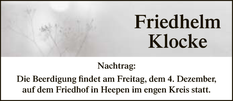  Traueranzeige für Friedhelm Klocke vom 03.12.2020 aus Neue Westfälische