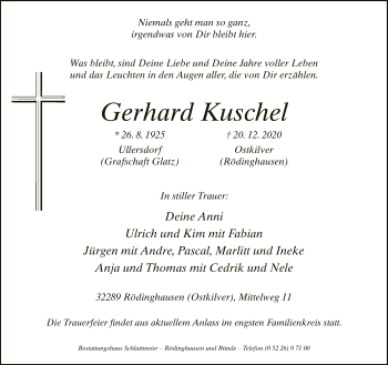 Traueranzeige von Gerhard Kuschel von Neue Westfälische