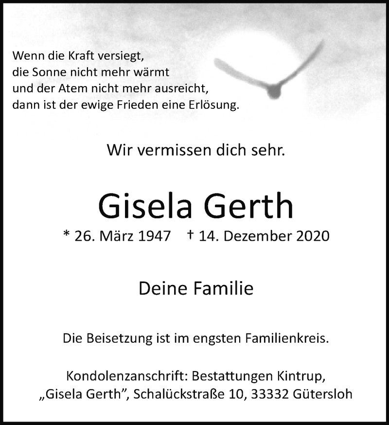  Traueranzeige für Gisela Gerth vom 18.12.2020 aus Neue Westfälische
