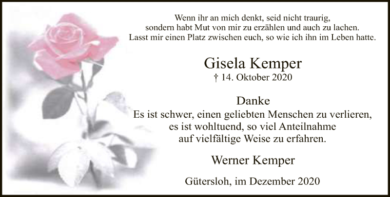 Traueranzeige für Gisela Kemper vom 04.12.2020 aus Neue Westfälische