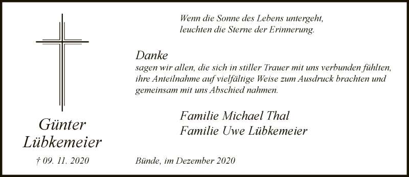  Traueranzeige für Günter Lübkemeier vom 19.12.2020 aus Neue Westfälische