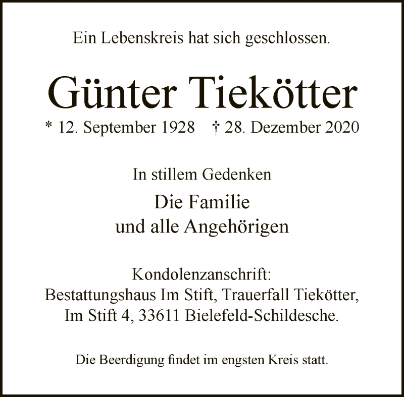  Traueranzeige für Günter Tiekötter vom 31.12.2020 aus Neue Westfälische