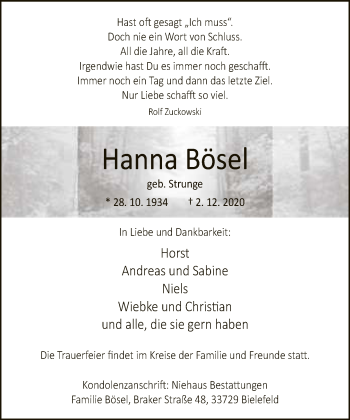Traueranzeige von Hanna Bösel von Neue Westfälische