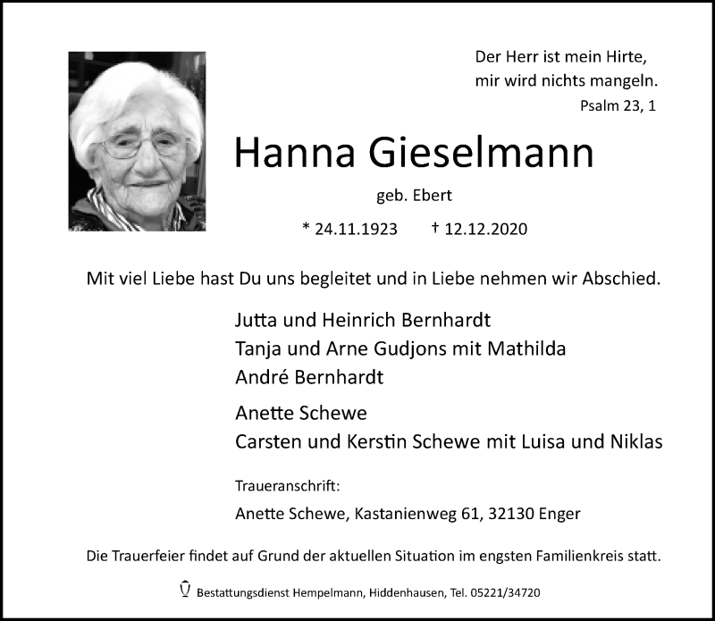  Traueranzeige für Hanna Gieselmann vom 19.12.2020 aus Neue Westfälische