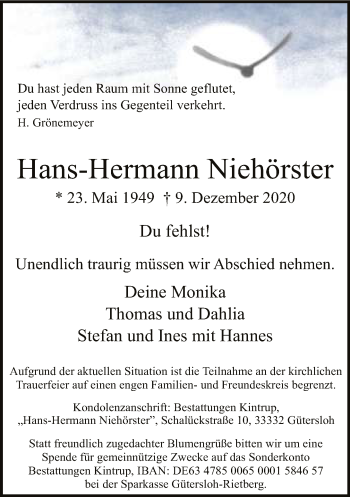 Traueranzeige von Hans-Hermann Niehörster von Neue Westfälische