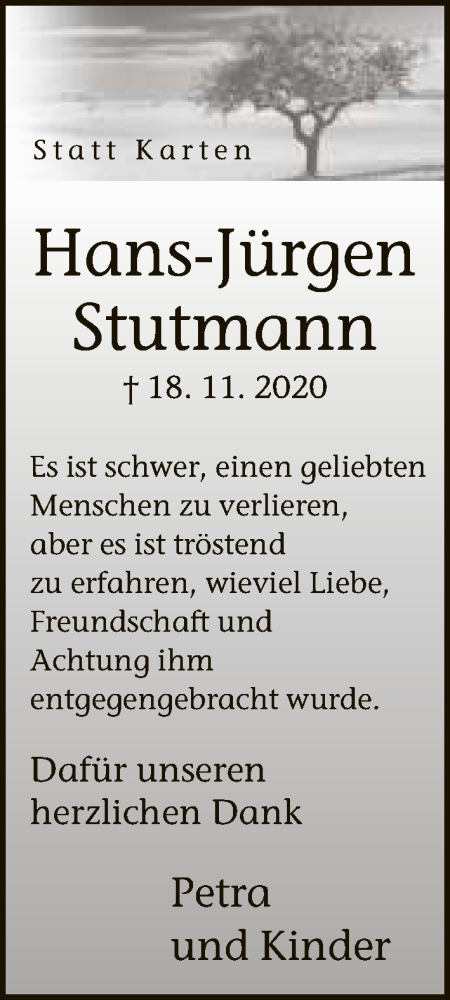  Traueranzeige für Hans-Jürgen Stutmann vom 19.12.2020 aus Neue Westfälische
