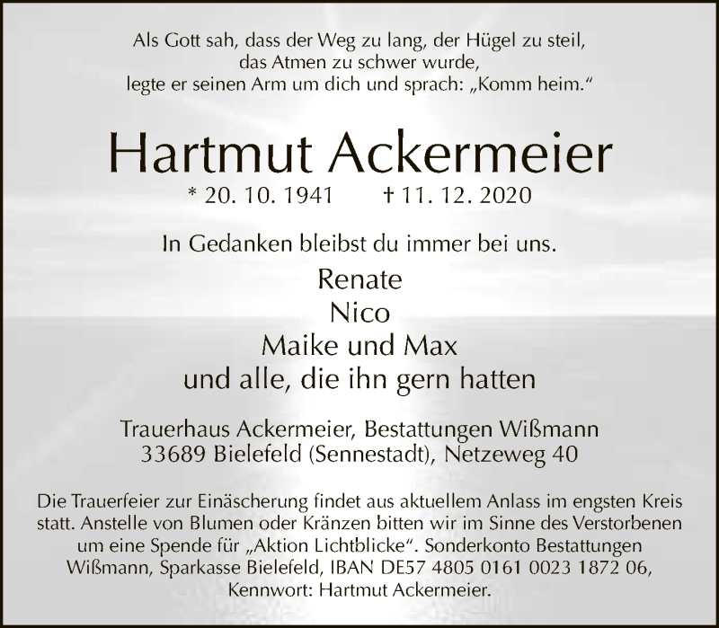  Traueranzeige für Hartmut Ackermeier vom 16.12.2020 aus Neue Westfälische