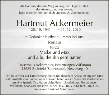 Traueranzeige von Hartmut Ackermeier von Neue Westfälische