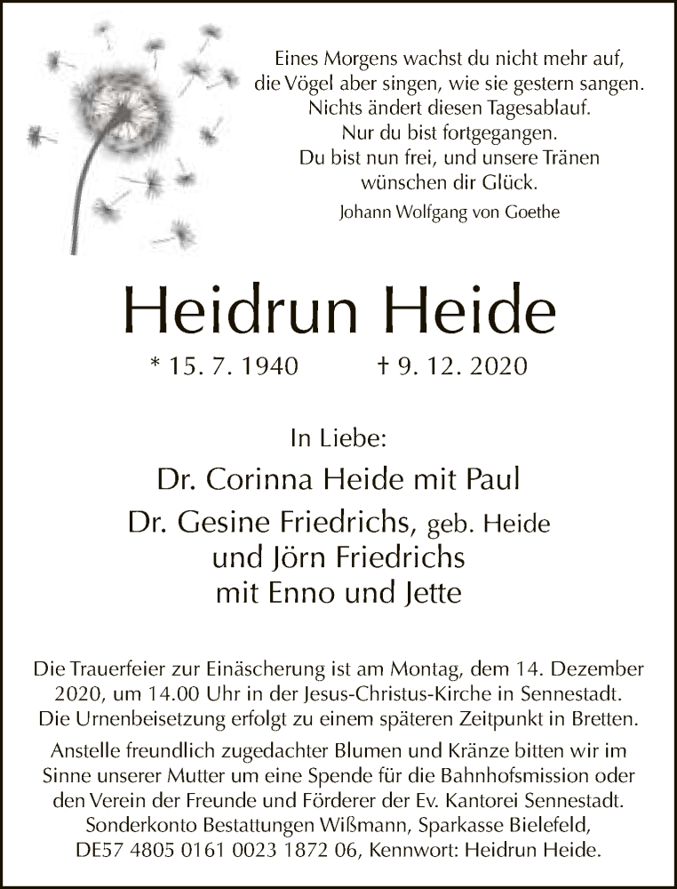  Traueranzeige für Heidrun Heide vom 12.12.2020 aus Neue Westfälische